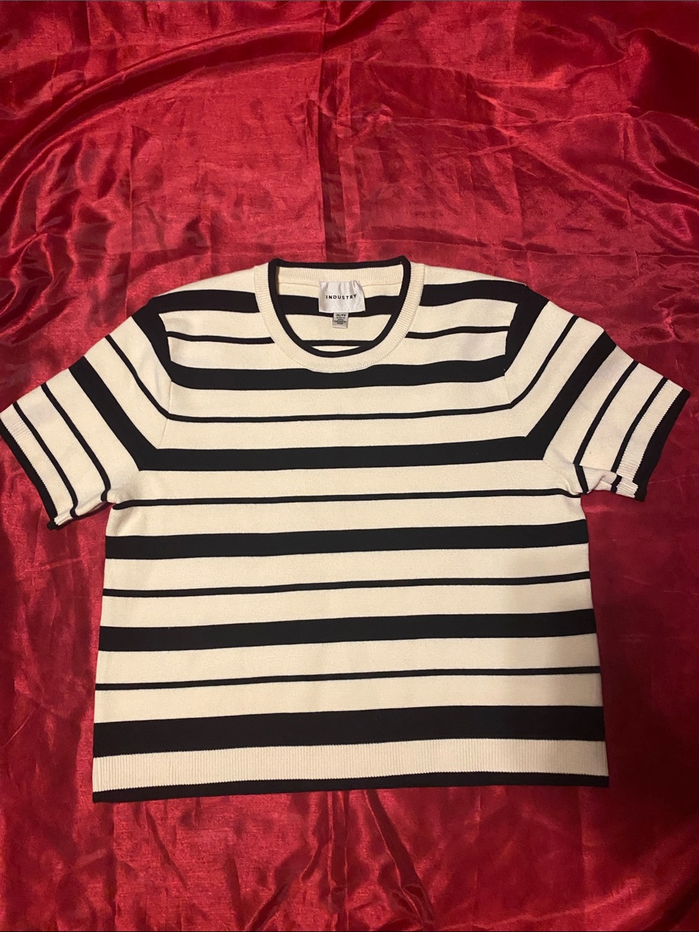 Striped Short-Sleeve Knit Top - Black & Cream